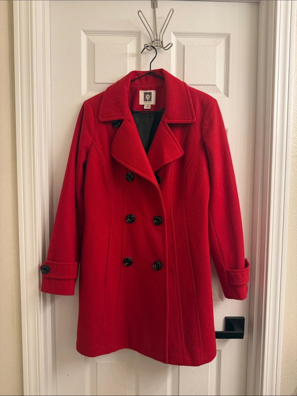 Anne Klein Red Double-Breasted Wool Pea Coat